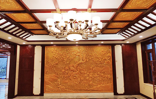 太子河中式别墅客厅中式木作横梁吊顶装饰展示